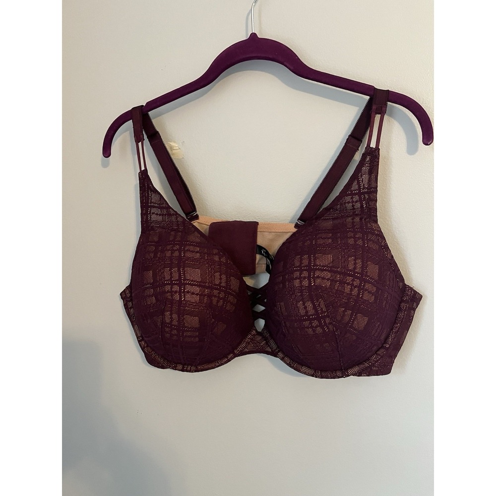 Torrid Women's XO Plunge Push-Up Bra 42D Plaid Lace Plum Purple Underwire‎